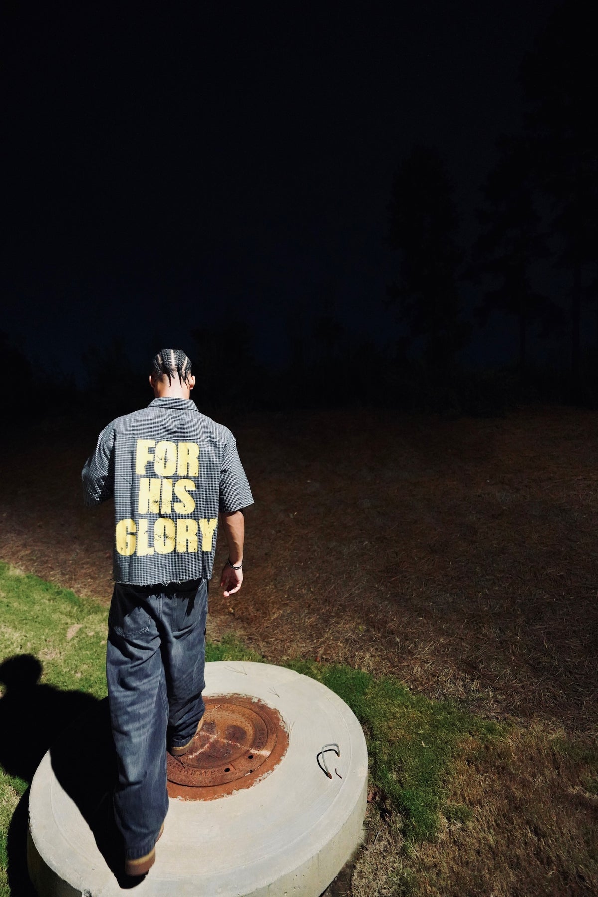 “FOR HIS GLORY” Distressed Plaid Boxy Shirt