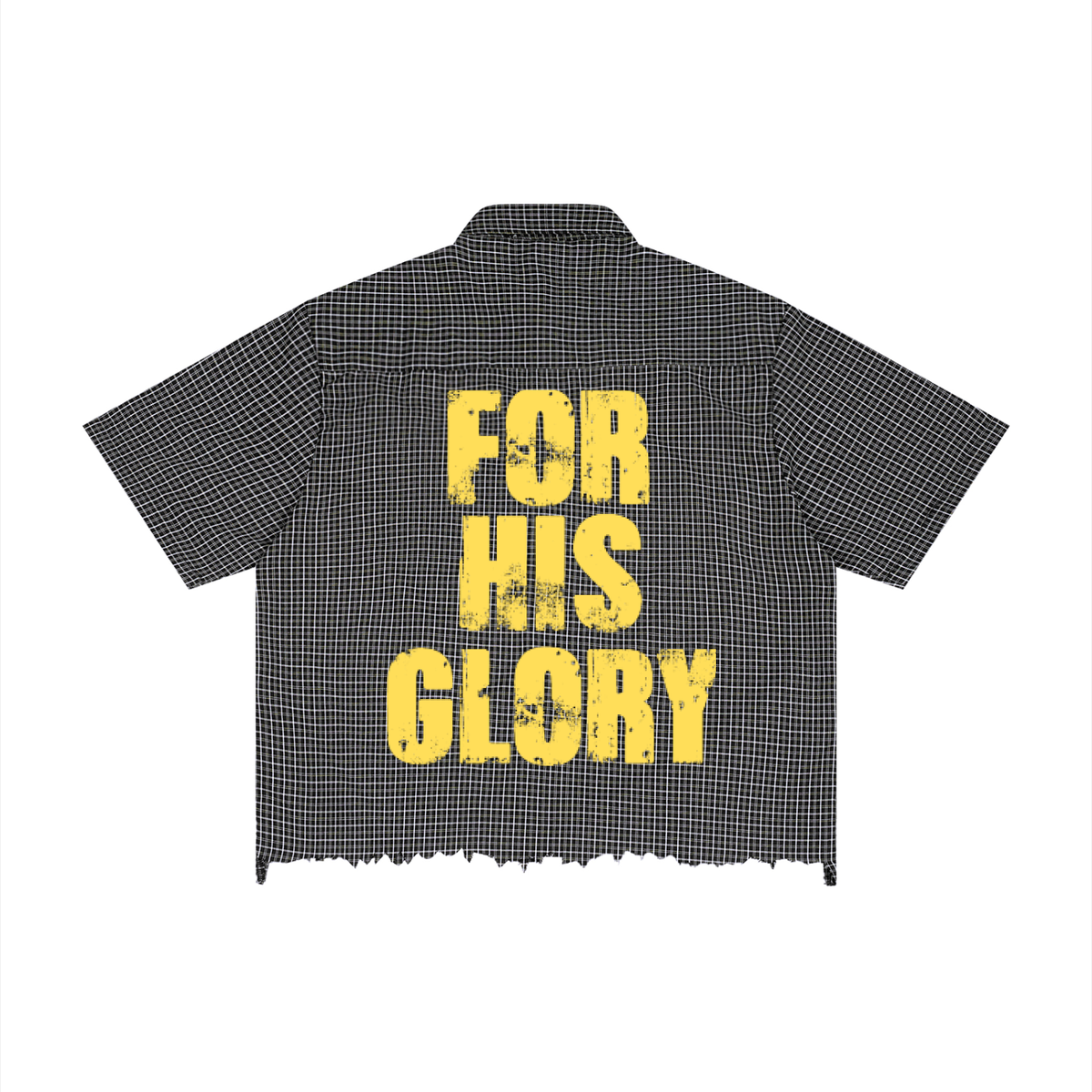 “FOR HIS GLORY” Distressed Plaid Boxy Shirt
