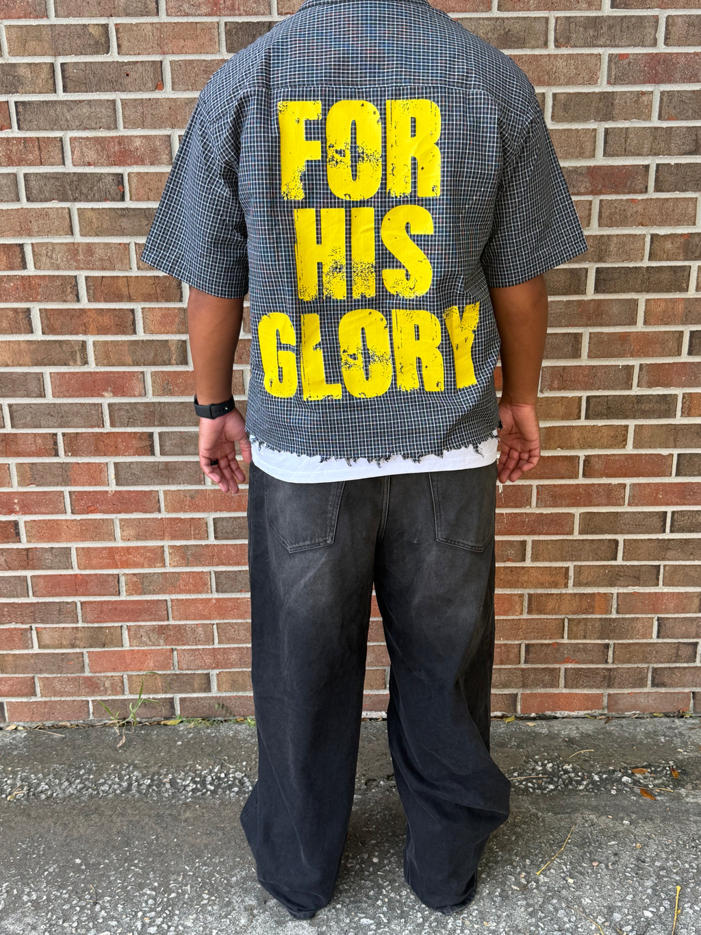 “FOR HIS GLORY” Distressed Plaid Boxy Shirt