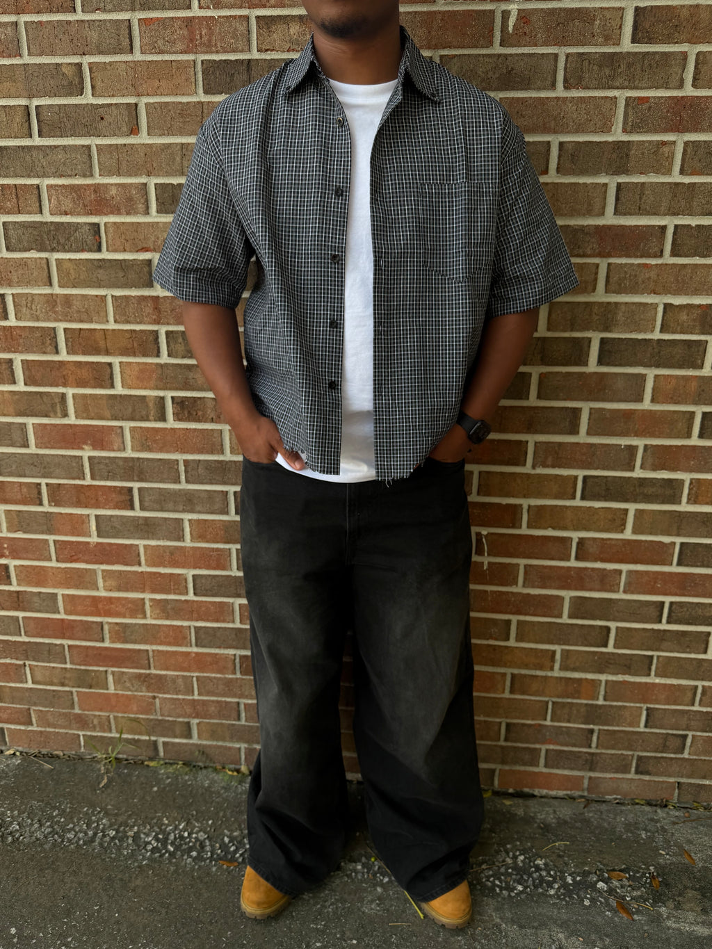 “FOR HIS GLORY” Distressed Plaid Boxy Shirt