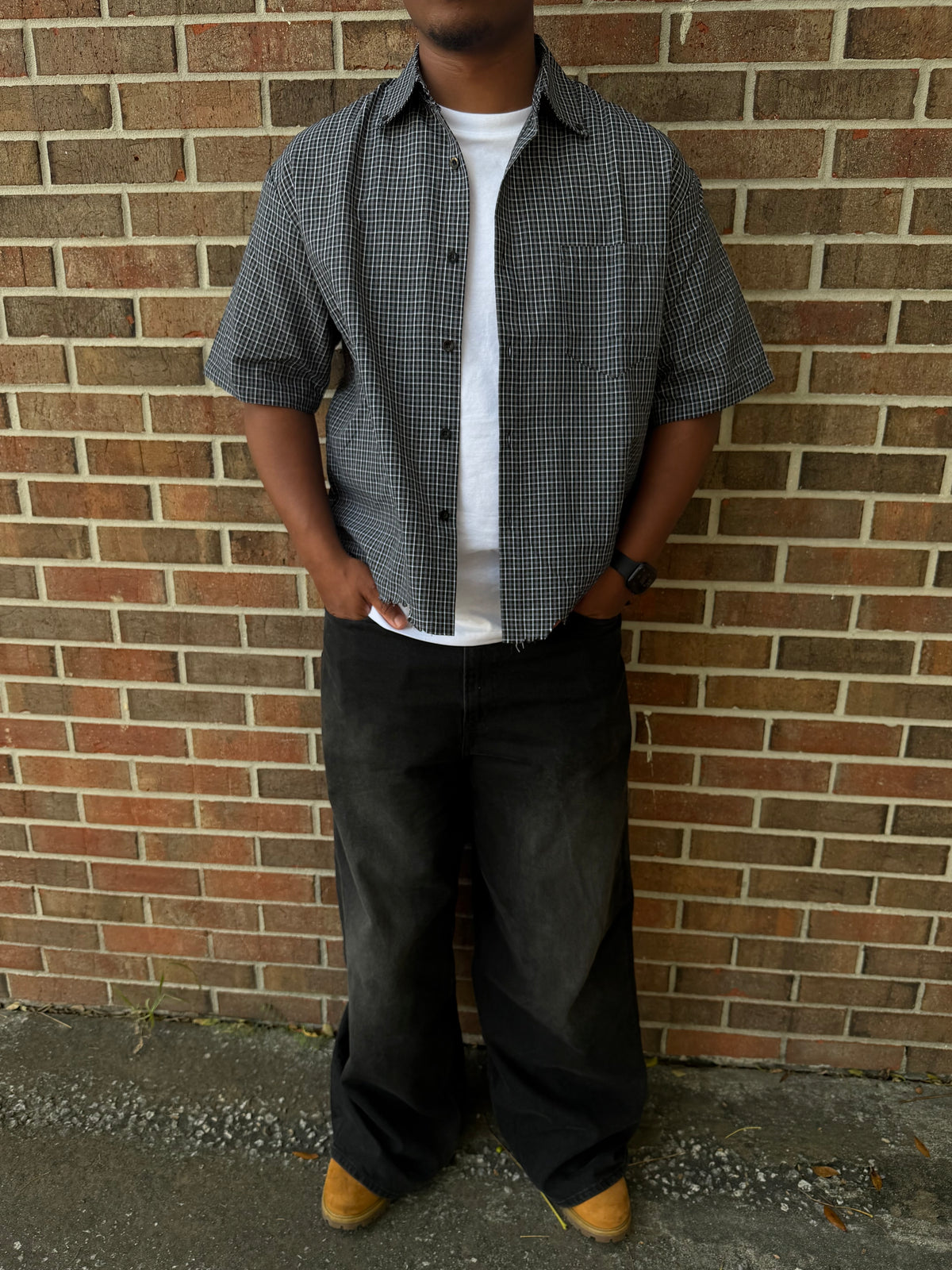“FOR HIS GLORY” Distressed Plaid Boxy Shirt